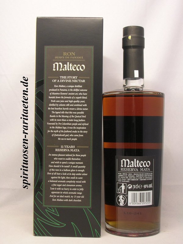 Malteco 15 Y. 0,7 L 40% Rum Suave de Panama Reserva Maya