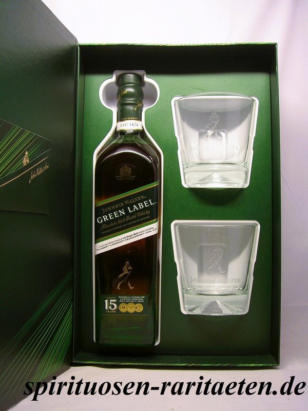 Johnnie Walker Green Label 15Y. 0,7 L. 43% Blended Malt Scotch Whisky GP mit 2 Gläsern