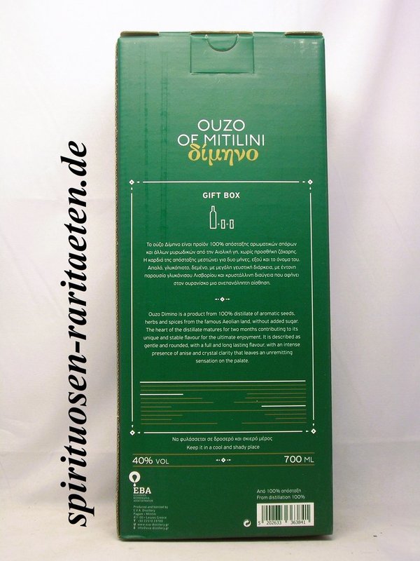 Dimino Mytilini Ouzo 0,7 L. 40% Mitilini 100% Destillat ohne Zuckerzusatz GP. +2 Gläser