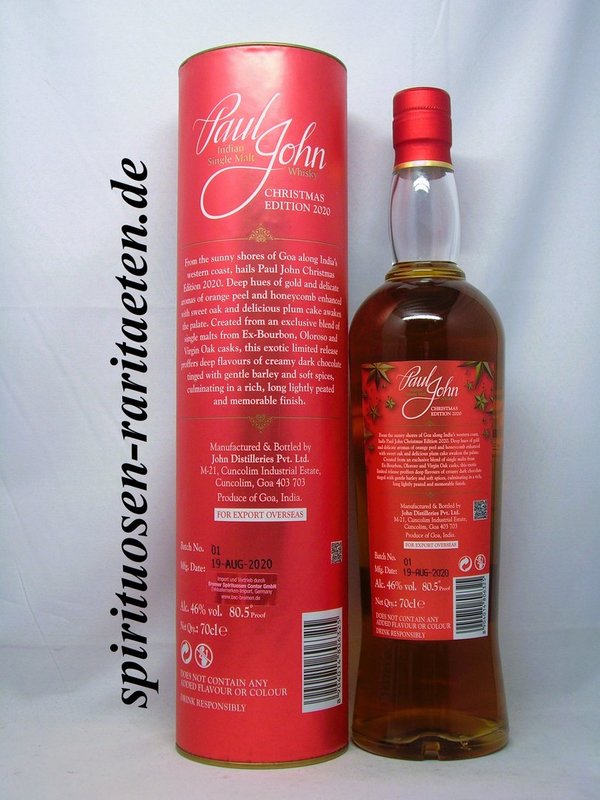 Paul John Indian Single Malt Whisky Christmas Edition 2020 0,7 L. 46%