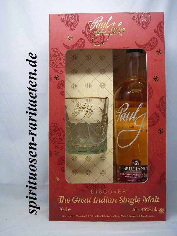 Paul John Indian unpeated Single Malt Whisky Brilliance GP mit Glas 0,7 L. 46%