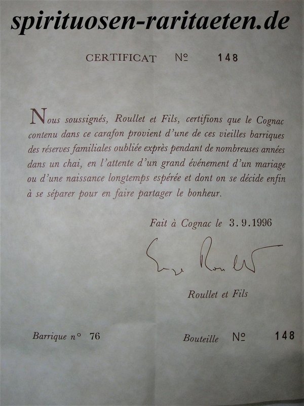 Cognac Roullet XO 90er Jahre Abfüllung mit Zertifikat und Flaschen Nummer