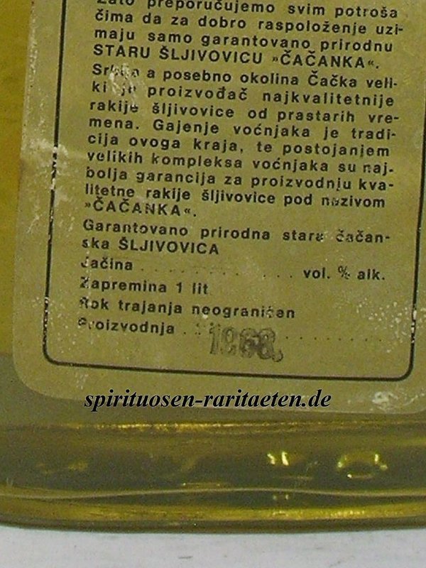 Cacanka Stara Sljivovica Old Plum Brandy 1968 Slivovitz 1,0 L. 45%