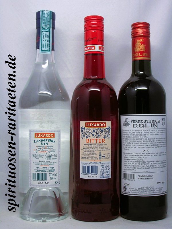 Negroni Paket Luxardo Gin / Bitter Rosso und Dolin Vermouth Rouge 2,15 L. 16-43%